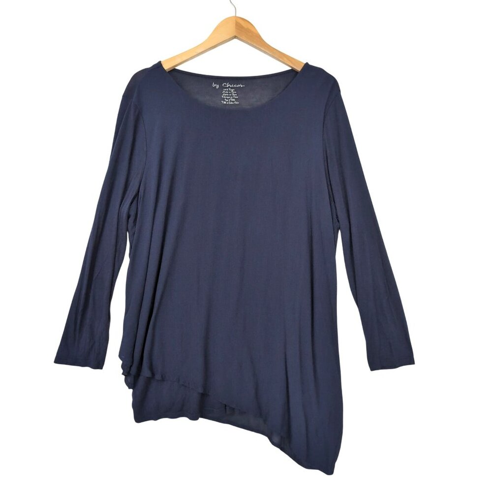 Chicos Long Sleeve Tunic‎ Size 3 Petite Womens XL Petite Blue Asymmetrical Hem